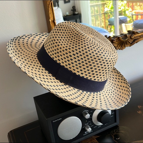 J. Crew Panama Hat Navy Blue & Natural Wide Brim Grosgrain Ribbon Band S/M